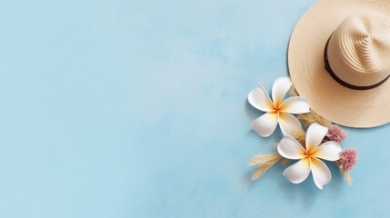 Horizontal banner, summer inspired light blue background with flowers and straw hat