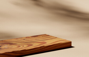 3D background, wood plank pedestal podium on natural shadow beige backdrop. Beauty cosmetics wooden display for product promotion. Nude Studio Minimal showcase 3D render advertisement. 