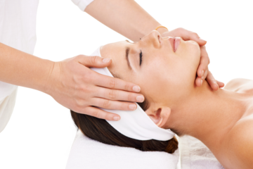 Spa, self care and woman with a head massage for luxury wellness, health or calm mindset. Cosmetic, beauty and young female person doing a facial rub treatment isolated by transparent png background.