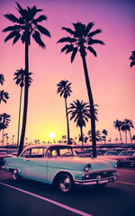 A vintage retro car is parked near the beach against the backdrop of sunset and silhouettes of palm trees. Decorative background, concept of summer, travel, holidays and freedom. Generative AI - obrazy, fototapety, plakaty