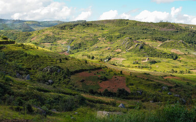 Fototapeta na wymiar Typical Madagascar landscape - green and yellow rice terrace fields on small hills with clay houses in region near Vohiposa