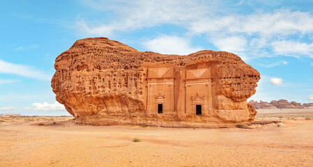 Old Nabatean architecture at Jabal Al Ahmar, Hegra in Saudi Arabia, 18 ancient tombs are located...