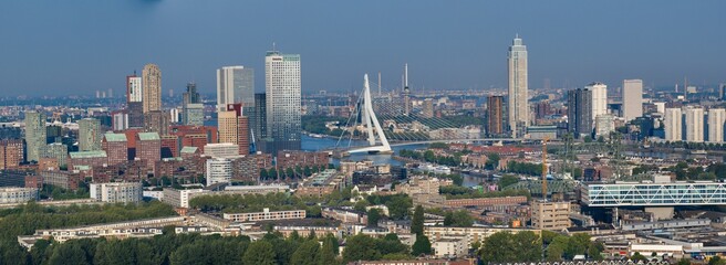 Drone panorama over Dutch city Rotterdam at sunrise