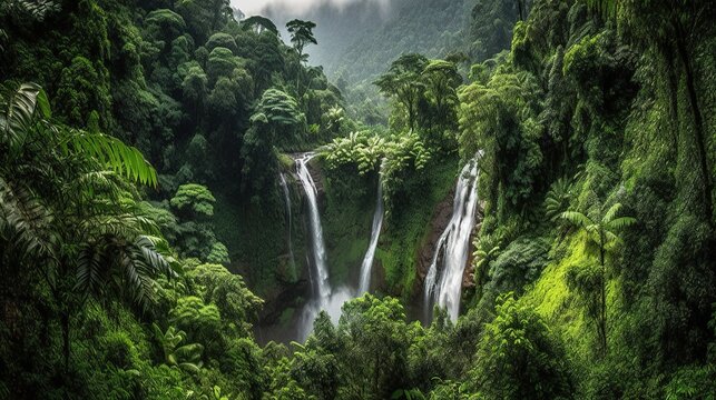 a majestic waterfall cascading down a rocky cliff, surrounded by lush green vegetation - Generative AI