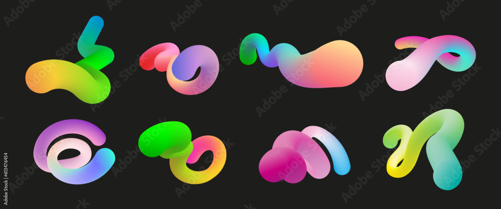 Poster modern 3d shapes collection isolated on black background. fluid gradient blend vector art. liquid co