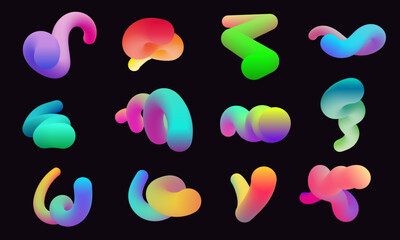 Modern 3d shapes collection isolated on black background. Fluid gradient blend vector art. Liquid color