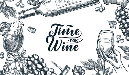 Wine tasting banner, poster or party flyer. Vector sketch illustration. Winery shop, menu or package design template - 613476800