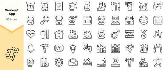 Set of workout app Icons. Simple line art style icons pack. Vector illustration