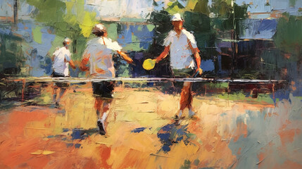 An Impressionist Style Painting of People Playing Pickleball, Generative AI