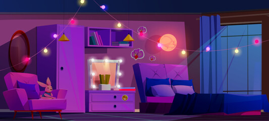 Night pink girly bedroom interior vector cartoon. Teen bed and neon lamp light in teenage room. Purple female furniture in dark flat with nobody. Bulb mirror, armchair and carpet at teenager home