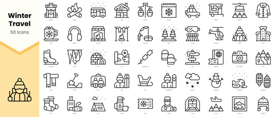 Set of winter travel Icons. Simple line art style icons pack. Vector illustration