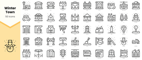 Set of winter town Icons. Simple line art style icons pack. Vector illustration