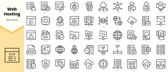 Set of web hosting Icons. Simple line art style icons pack. Vector illustration