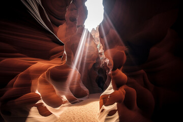 Nature, travel, landscape concept. Navajo Upper Antelope Canyon in Arizona, USA. Sunlight beam illuminating canyon. Generative AI