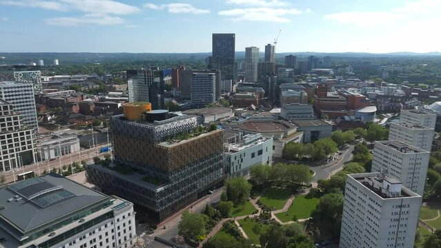 Aerial view of the library of Birmingham, Baskerville House, Centenary Square, Birmingham, West Midlands, England, United Kingdom.
