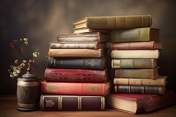 Leisure, history, still life concept. Stack of vintage books background with copy space. Books with colorful ornamental side covers. Generative AI