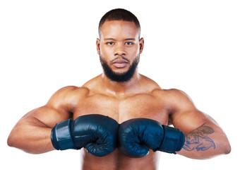 Black man, boxing with sport and fitness in portrait, martial arts and train isolated on transparent png background. Serious male boxer, athlete and fight with gloves, self defense and strong person