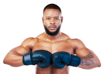 Black man, boxing with sport and fitness in portrait, martial arts and train isolated on transparent png background. Serious male boxer, athlete and fight with gloves, self defense and strong person
