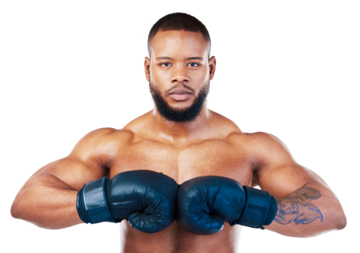 Black man, boxing with sport and fitness in portrait, martial arts and train isolated on transparent png background. Serious male boxer, athlete and fight with gloves, self defense and strong person