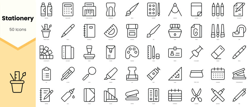 Set of stationery Icons. Simple line art style icons pack. Vector illustration
