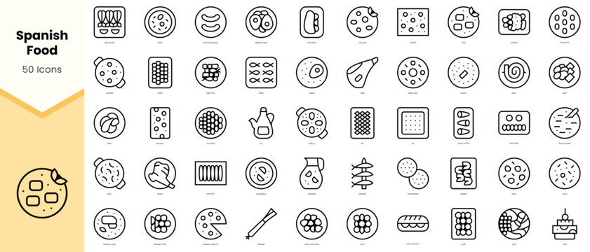 Set of spanish food Icons. Simple line art style icons pack. Vector illustration
