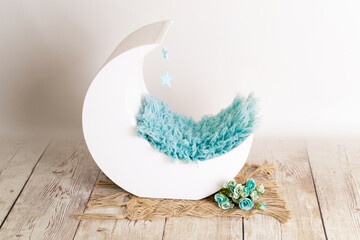 wooden moon with blue flowers for newborn photography prop