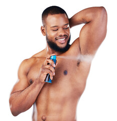 Black man, deodorant spray on armpit and grooming in with body hygiene isolated on transparent png...