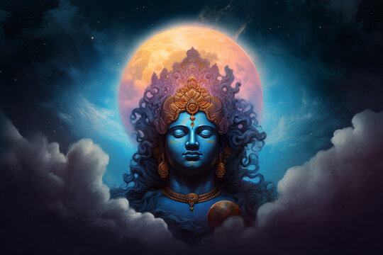 Culture and religious, states of mind concept. Hindu god Krishna and cloud ball surreal illustration. Generative AI