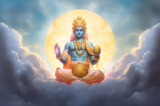 Culture and religious, states of mind concept. Hindu god Krishna and cloud ball surreal illustration. Generative AI