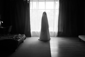 Silhouette of ghost in window inside bedroom at night. Horror scene. Halloween