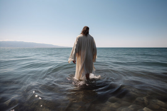 Culture and religious concept. Jesus Christ walking on water on sea of Galilee. Generative AI