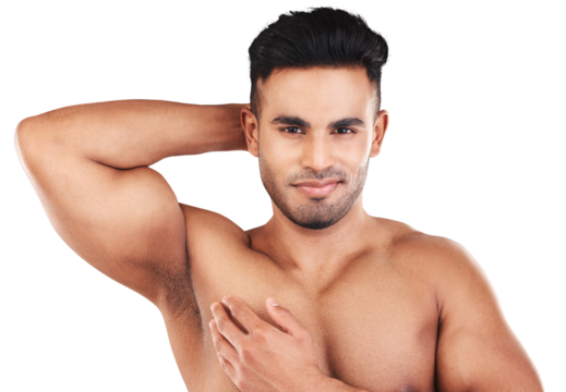Body care, wellness and portrait of a young man after a muscle workout or fitness training. Self care, health and headshot of a male athlete after exercise isolated by a transparent png background.