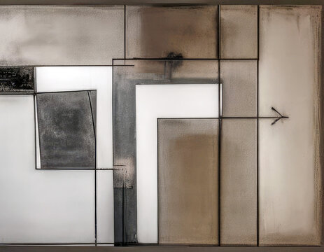 Grungy monochrome constructivism style abstract art background or cover template. Block shapes and black outlines on a weathered brown and white surface.