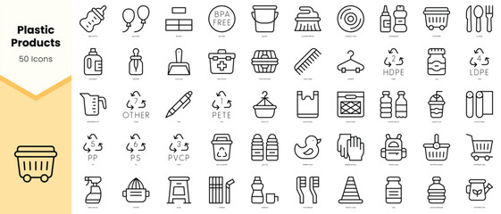 Set of plastic products Icons. Simple line art style icons pack. Vector illustration