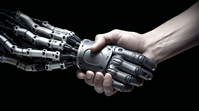 A robot hand shakes a human hand, Generative AI