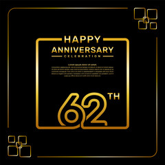 62 year anniversary celebration logo in golden color, square style, vector template illustration