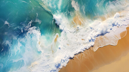 Fototapeta premium Waves breaking on a beautiful sandy beach, View from the sky, Generative AI