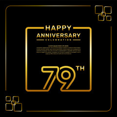 79 year anniversary celebration logo in golden color, square style, vector template illustration