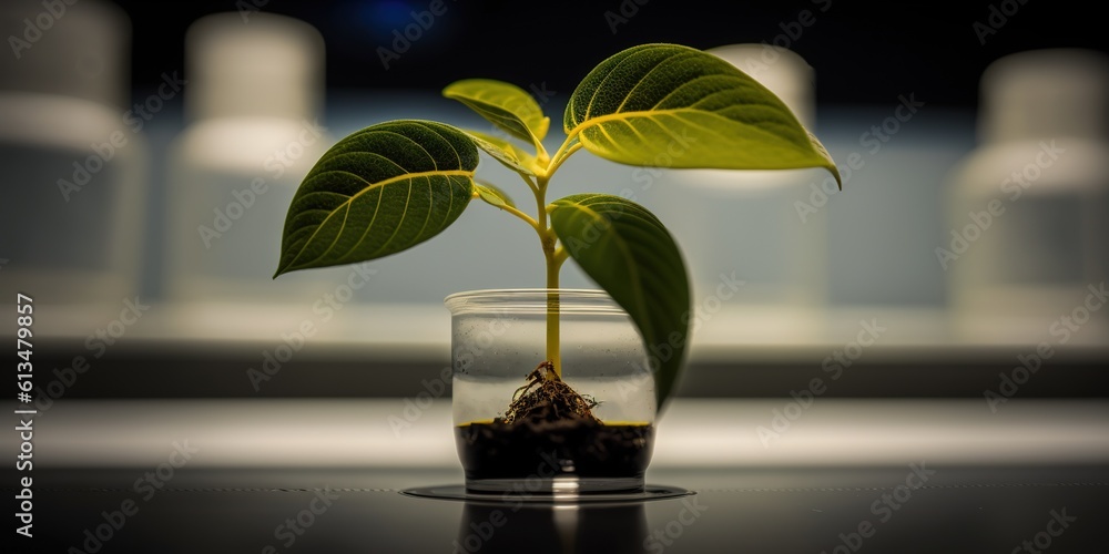 Poster image of a seedling plant up close on a lab table generative ai