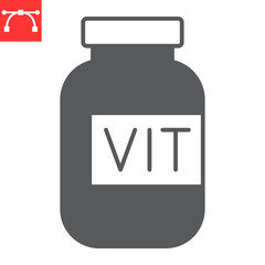 Vitamin bottle glyph icon, supplements and health, pills bottle vector icon, vector graphics, editable stroke solid sign, eps 10.