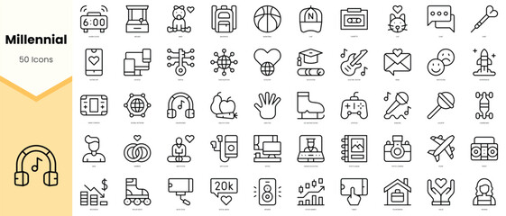 Obraz na płótnie Canvas Set of millennial Icons. Simple line art style icons pack. Vector illustration