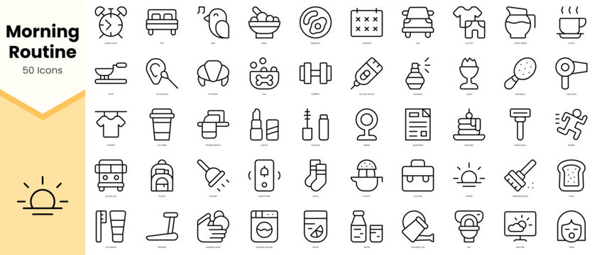 Set of morning routine Icons. Simple line art style icons pack. Vector illustration