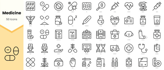 Set of medicine Icons. Simple line art style icons pack. Vector illustration