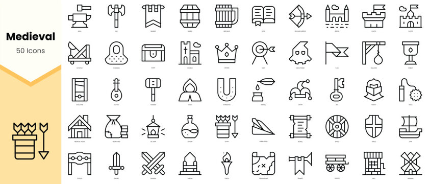 Set of medieval Icons. Simple line art style icons pack. Vector illustration