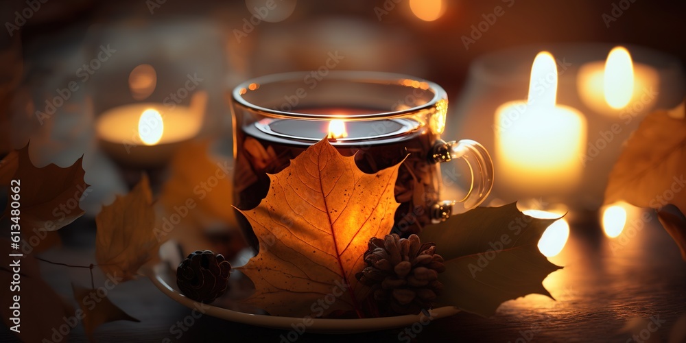 Aufkleber focusing in on a cup of tea set against a hazy backdrop of falling leaves and flickering candles. ge