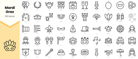 Set of mardi gras Icons. Simple line art style icons pack. Vector illustration