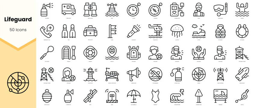 Set of lifeguard Icons. Simple line art style icons pack. Vector illustration