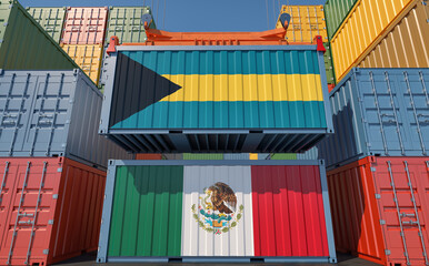 Cargo containers with Bahamas and Mexico national flags. 3D Rendering