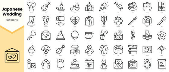 Set of japanese wedding Icons. Simple line art style icons pack. Vector illustration