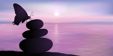 Fond de présentation pour un centre de relaxation, avec un papillon posé sur des cailloux au soleil levant. © pict rider